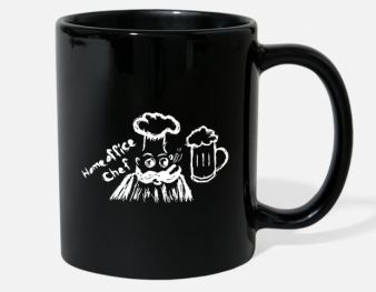 Tasse mit dem Bild von einem Koch der im Homeoffice ist mit Bier und Zigarre
