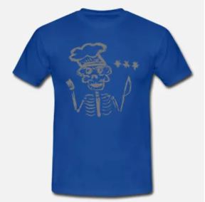 Männer T-Shirt mit dem Bild von einem skelettierten Koch als Skelett mit drei Sternen und Messer und Gabel