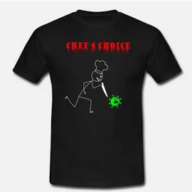 Männer T-Shirt mit einem Bild von einem Koch der das Coronavirus mit einem Messer jagt mit dem Spruch Chef's Choice