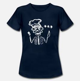 Männer T-Shirt mit dem Bild von einem skelettierten Koch als Skelett mit drei Sternen und Messer und Gabel
