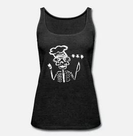 Frauen Tanktop mit dem Bild von einem skelettierten Koch als Skelett mit drei Sternen und Messer und Gabel